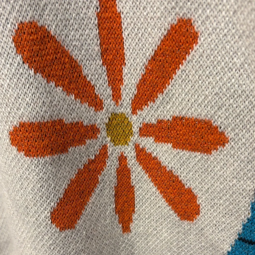 Whimsical Oxyknit Cat Graphic Sweater with Orange Trim L